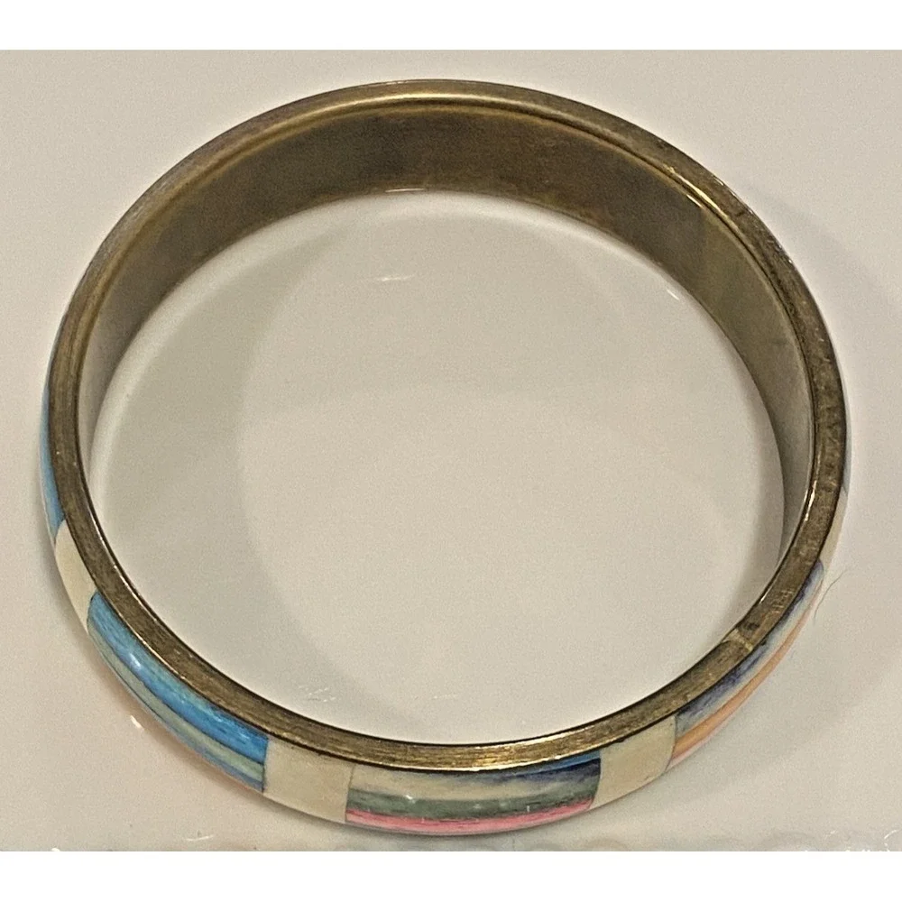 Vtg Colorful Mosaic Inlay 8 Inch Brass Bangle Bracelet 1970's Dyed Bovine Bone